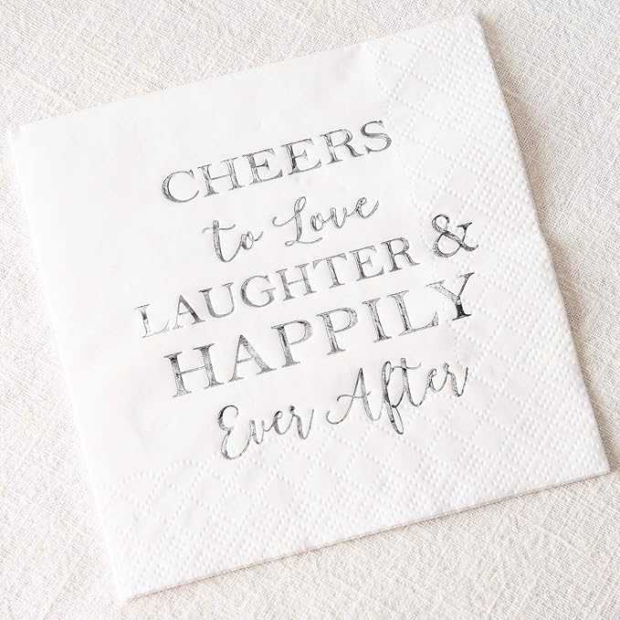 Crisky 3-Ply 50 Count Bridal Shower Napkins Disposable Cocktail Napkins Silver Foil Text Beverage Desert Cake Napkins for Engagement Party Decorations & Wedding Shower, Rehearsal Dinners Napkins