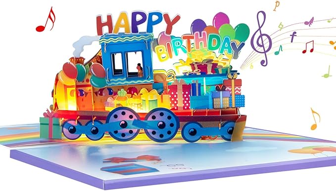 Rainbow Train Music Playing Pop Up Card Happy Birthday Greeting Card with LED Light,3D Birthday Gift for Adults and Kids with Blank Note Card & Envelope, Foldable Celebration Cards
