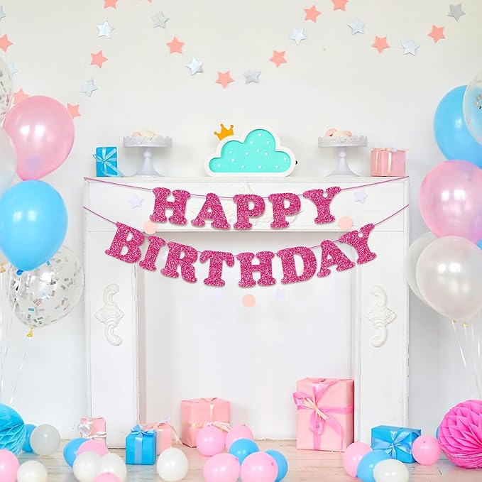 Glitter Rose Red Happy Birthday Banner Birthday Party Decorations Sign Garland Bunting Banner for Wall Decor Party Background for Kids Boys Girls Adults