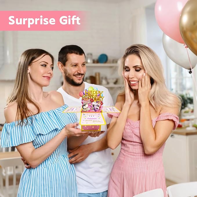 2 Pcs Sweet Happy Birthday Pop Up Card, Funny 3D Birthday Gift Box for Adults and Kids with Envelopes, Unique Handmade Foldable Celebration Cards for Daughter,Son,Mom,Dad,Husband,Friend (Black pink cake)