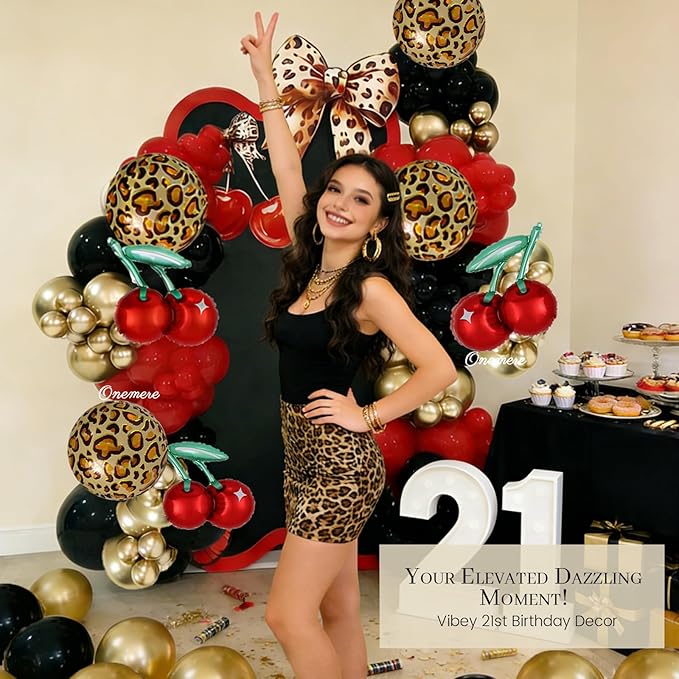 Cheetah Print Balloon Arch Kit,185pcs Red Black Gold Metallic Balloons, with Foil Cherry Cheetah Balloons for Cheetah Birthday Decorations, Bachelorette, Vintage Cherry Theme Party Decorations