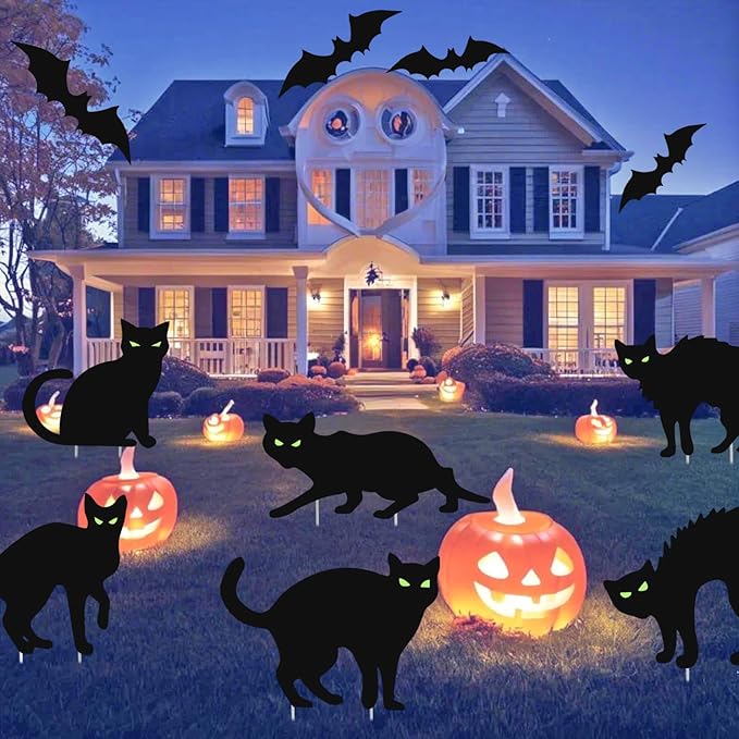 Halloween Decorations Outdoor,6Pcs Flordeluna Black Cat Yard Signs with Stakes, Glow in the Dark Eyes and 28pcs 3D Bats Wall Decor for Outdoor Yard Lawn Patio Garden Halloween Decor