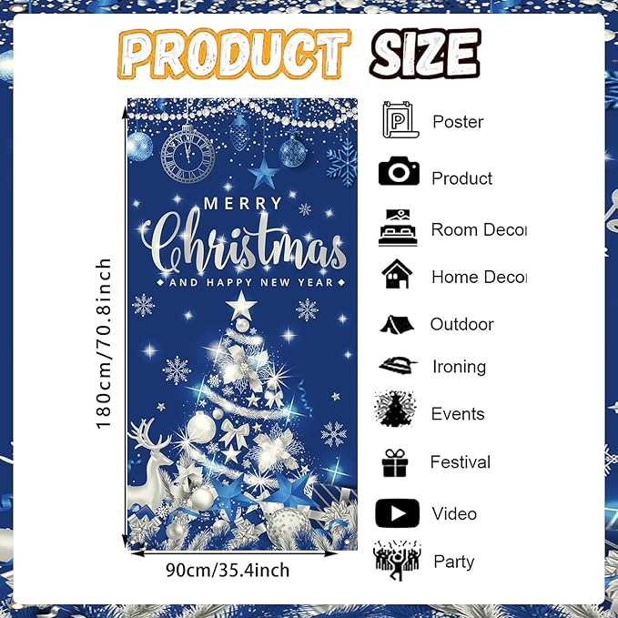 Christmas Party Decorations Large Size Merry Christmas and Happy New Year Door Banner for Xmas Party Decorations, 71x35 Inches (Blue Silver)