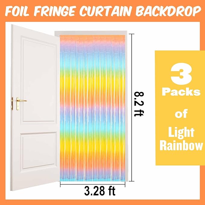 3 Pack Light Rainbow Foil Fringe Curtains Backdrop, 3.28 x 8.2 Ft Metallic Streamers Tinsel Curtains Background for Photo Booth, Birthday, Halloween, Christmas, New Year Party Decorations