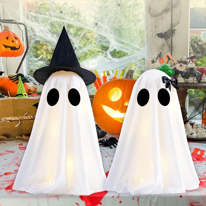 [Timer] Light Up Halloween Scary Ghost Decorations, Set of 2 DIY Spooky Crafts for Indoor Home Mantel Shelf & Tabletop Decor White