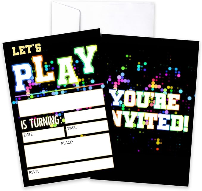 CLIRBE Let's Play Birthday Party Invitations, Glow Neon Invited Birthday Invitations For Teen Boys Girls, 20 Invites Cards With 20 Envelopes, Party Supplies Favors -H15