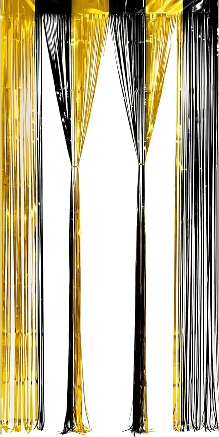 BRAVESHINE 3.2 x 8.2ft Black Gold Foil Fringe Curtains - 2 Pack Tinsel Photo Booths Party Streamers Backdrop for New Years/Boy/Men/Birthdays/Engagement/Homecoming/Farewell/Prom/Christmas Decorations