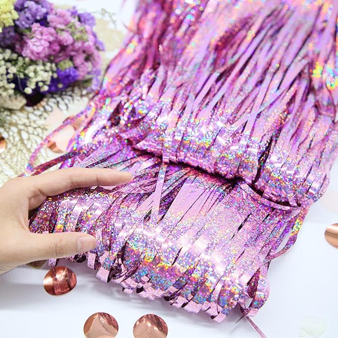 Glitter Pink Fringe Party Curtain - 6.5x9.8 feet, Pack of 2 | LILF Pink Tinsel Streamers Foil Fringe Backdrop Curtain with Non-Marking Tape for Birthday Bachelorette Party Decoration Photo Booth Props
