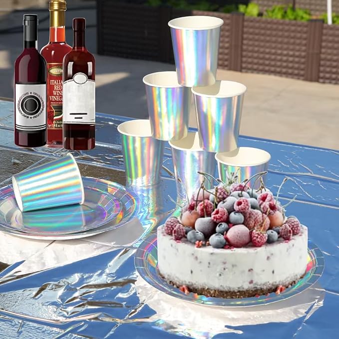 201-piece disposable party tableware set with paper plates, cups, napkins, straws, tablecloths, plastic knives, forks and spoons for a variety of party occasions for up to 25 people (Silver Rainbow)