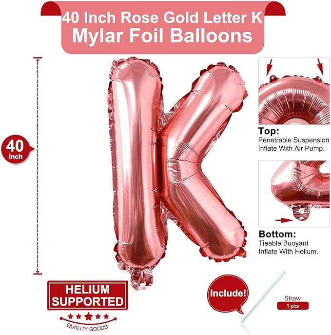 Lovoir 40 Inch Large Rose Gold Letter K Balloons Big Size Jumbo Mylar Foil Helium Balloon for Birthday Party Celebration Decorations Alphabet Rose Gold K