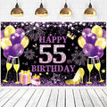 Happy Birthday Backdrop Banner 55th Women Birthday Decoration Supplies Anniversary Party Photo Photography Background Flash Purple Gold Black Birthday Banner Background Poster