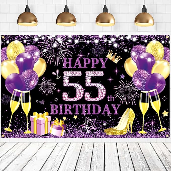 Happy Birthday Backdrop Banner 55th Women Birthday Decoration Supplies Anniversary Party Photo Photography Background Flash Purple Gold Black Birthday Banner Background Poster