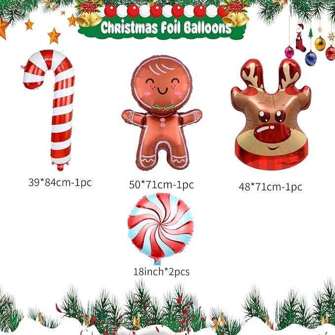 Christmas Balloon Garland Arch Kit, 103PCS Retro Green White Ruby Red Balloons Arch with Elk Head Candy Cane Foil Balloons, Gingerbread Man Windmill Foil Balloons for Christmas New Year Party Supply
