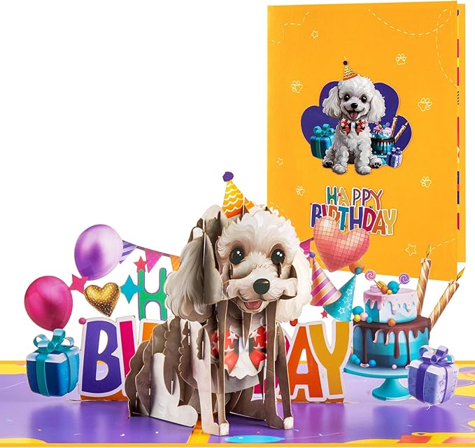 Poodle Dog Pop Up Happy Birthday Greeting Card, ideal love Gift for Adult and Kid with Blank Note & Envelope, Foldable Celebration for Daughter, Son, Mom, Dad, Friend, Children