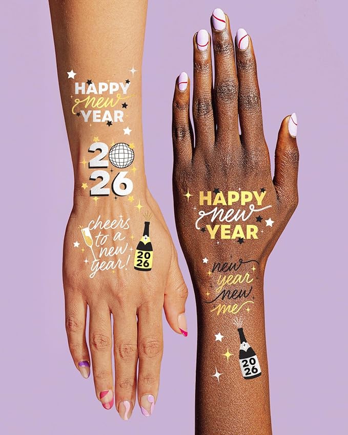 xo, Fetti New Year's Eve Party Supplies Tattoos - 40 Gold and Silver Foil Styles | NYE Party Favors, Disco Celebration Decorations, NYE 2026 Decor