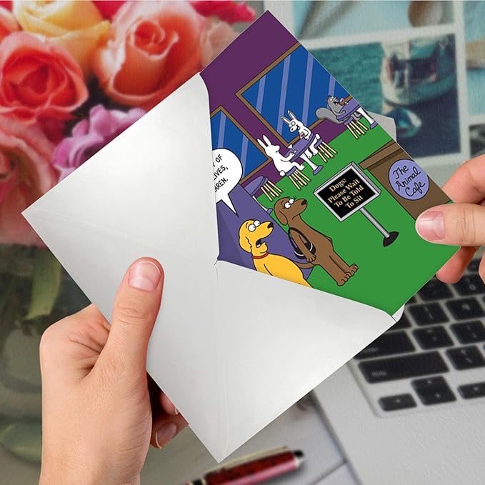 NobleWorks - 1 Funny Animal Card for Birthdays - Pet Cat and Dog Humor, Birthday Notecard with Envelope - The Animal Cafe C6384BDG