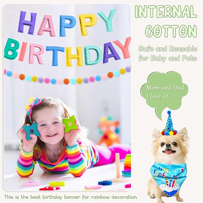 4PCS Pre-Strung Happy Birthday Banner - Felt Happy Birthday Garland, Ball Garland, Felt Pennant Flag, Pastel Thread Tassel Reuasble Party Decorations for Girls Women Kids