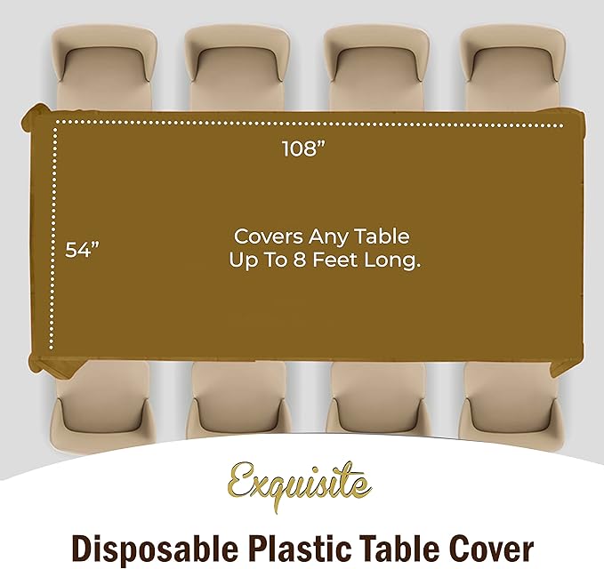 Exquisite 12-Pack Premium Plastic Tablecloth Pack of 12 Premium Plastic Tablecloth 54 Inch x 108 Inch Rectangle Table Cover - Gold