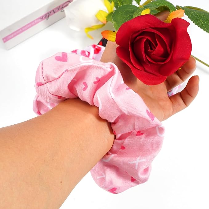 Valentines Hair Scrunchies Red Heart XOXO Hair Ties for Women Girls Elastics Ponytail Holder Valentine‘s Day Hair Tie Love Hair Ropes Valentines Hair Accessories Hair Decoration