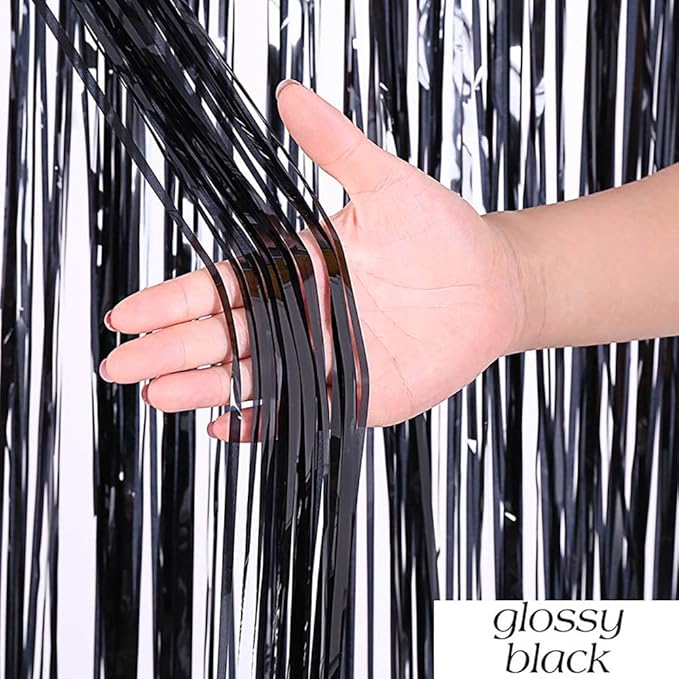 LILF Black Foil Fringe Party Backdrop - 6.5x6.5ft, Pack of 2 | Metallic Black Tinsel Streamers for Birthday, Graduation Parties Decoration