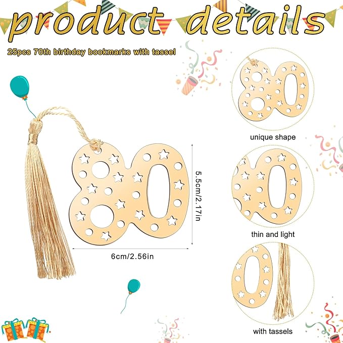 Spakon 25 Set 80th Birthday Party Favor for Guest Anniversary Party Favor Golden Birthday Bookmark Thanks for Coming Pen with Tag Appreciation Gifts for Women Men Wedding New Year