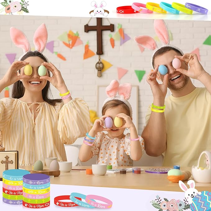 JUNEBRUSHS 42 Pcs He Is Risen Bracelets, 6 Styles of Easter Religious Silicone Wristbands Christian Easter Wristbands for Church Events Celebrations