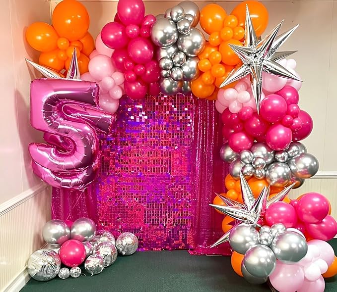 Pink and Orange Balloon Arch Kit, 180Pcs Hot Pink Orange Metallic Silver Latex Balloon Garland kit, 18 12 10 5 Inch Different Size Balloons for Birthday Baby Shower Wedding Party Decorations