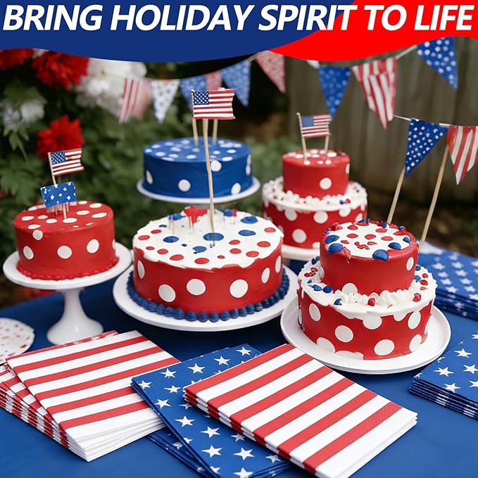 50 Count American Flag Paper Napkins – 25 Red & White Stripe and 25 Blue with Stars Design, Disposable Beverage Cocktail Napkins for 4th of July, Memorial Day, Patriotic Parties, and Table Decorations