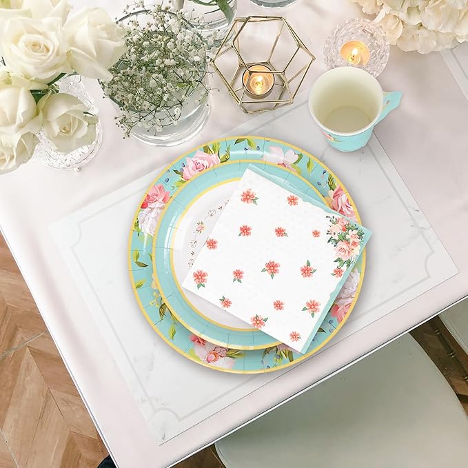 Whaline Tea Party Tableware Supplies Serves 24 Floral Tea Party Disposable Paper Dinnerware 24 9" Plates 24 7" Saucer Plate 24 9oz Tea Cups with Handle 48 Luncheon Napkins for Birthday Bridal Shower