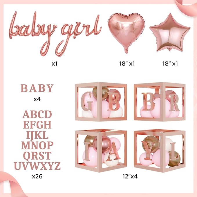 Amandir 134pcs Rose Gold Balloons Baby Shower Decorations for Girl Boxes, Butterfly Stickers Balloon Garland Arch Kit Baby Box with Letter (A-Z+Baby) for Women Birthday Bridal Party Decoration