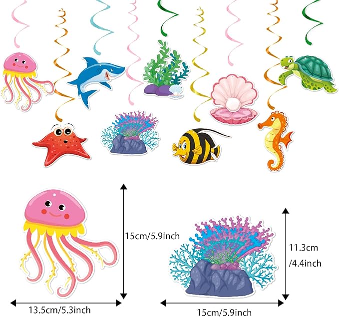 Zwiebeco Sea Animals Happy Birthday Party Decoration Banner Bunting Garland Hanging Paper Swirls Kit for Ocean Under The Sea Animals Marine Life Themed Boys Girls Kids Accessories Supplies
