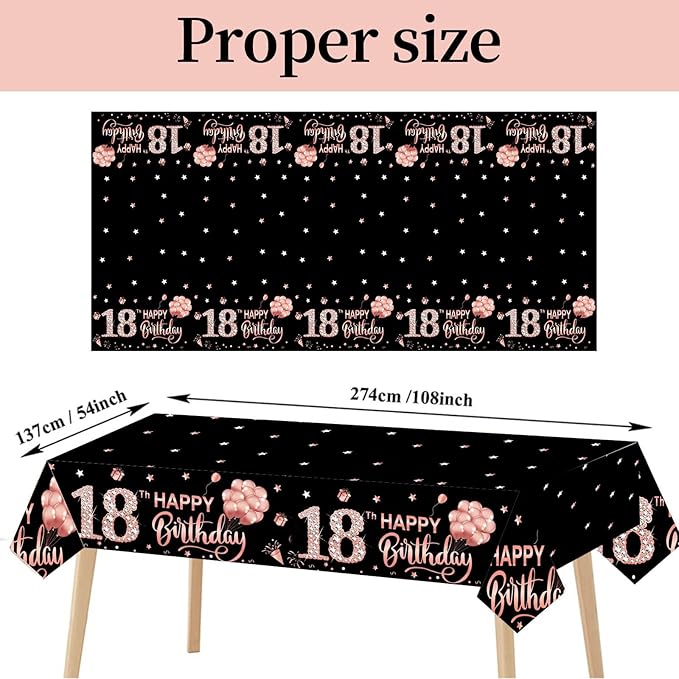 3 Pack 18th Birthday Tablecloth Decorations, Rose Gold Happy Eighteen Theme Table Cover, Plastic Disposable Rectangular Table Cloth Decor