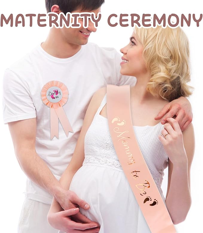2 Pcs Baby Shower Decorations, Mommy to Be Sash and Daddy to Be Badge Set, It's a Themed Party Supplies for Baby Shower and Gender Reveal Decoracion (Champagne 2 Pcs)