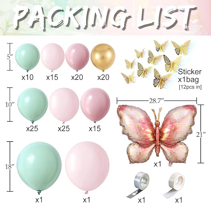 Spring Butterfly Balloon Arch Kit,137Pcs Pastel Pink Green Gold Balloon Garland with 3D Stickers,Big Butterfly Foil Balloon for Girls Fairy Birthday Bridal Baby Shower Tea Party Decoration