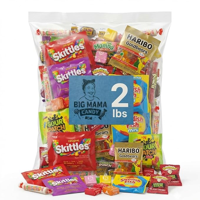 Big Mama Candy Variety Pack 2 lb - Bulk Assorted Candy Mix Individually Wrapped - Gummy, Sour & Chewy Candies for Party Favors, Pinata, Goodie Bags