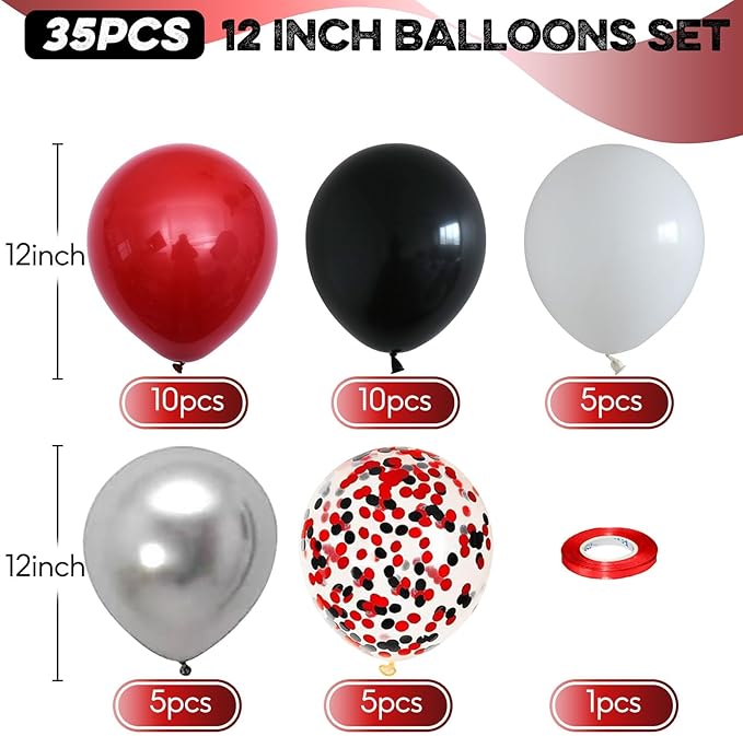 Black Red Balloons, 12 Inch Black Red White and Silver Latex Balloons with Confetti Balloon Party Decoration for Cartoon Birthday Race Car Game Theme Graduation Halloween Party Supplies