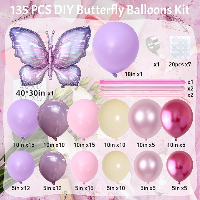 Butterfly Balloon Arch Kit, 135 PC Purple and Purple Butterfly Fairy Birthday Balloons Garland, Metallic Pink Cream Balloons Foil Balloons, Fairy Theme Baby Shower Birthday Decorations for Girls