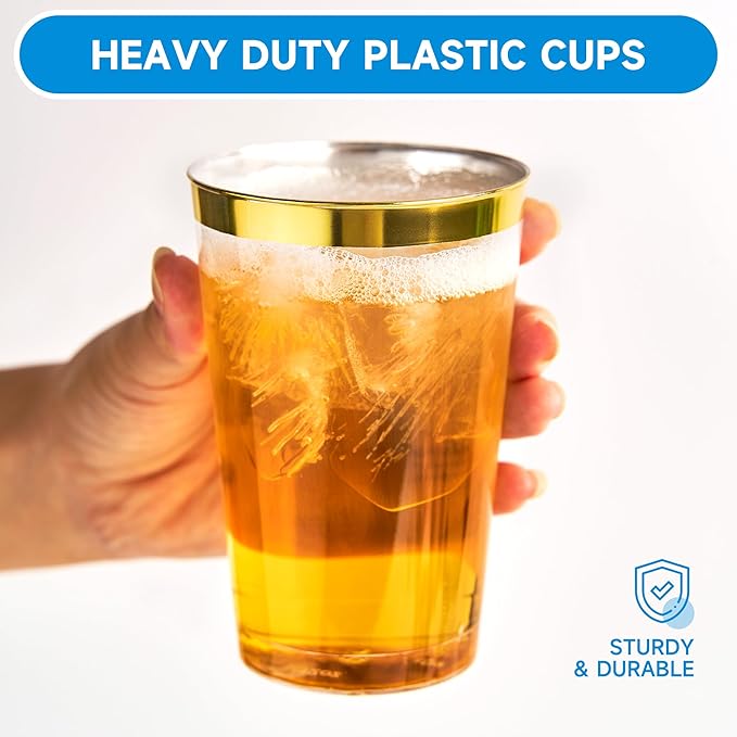 RACETOP 12 oz 100 Pack Disposable Plastic Cups with Gold Rim, Disposable Gold Rim Plastic Cups for Parties, Weddings, Gatherings, and Festival Events