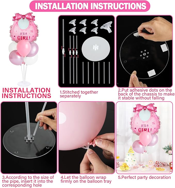 Elephant Baby Shower Decorations Party Balloons Stand Kit 2 Sets with Pink Elephant Foil Balloons Elephants It's a Girl Party Balloon Centerpieces for Tables for Girl Baby Shower Birthday Decorations