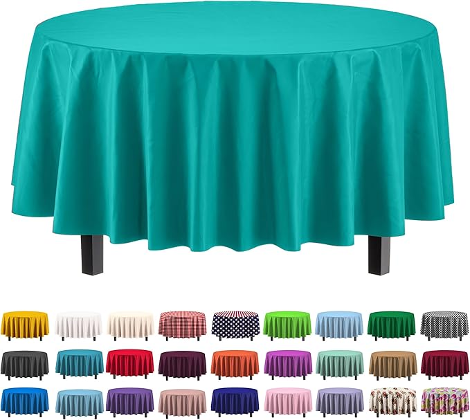 Exquisite Party Solids 6-Pack Premium Plastic Tablecloth 84in. Round Plastic Table Cover - Teal