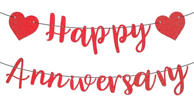 Happy Anniversary Banner, Pre-Strung Party Signs Decorations Glitter Banner for Couple Lovers Weeding Anniverniversary Party Decorations (Red)