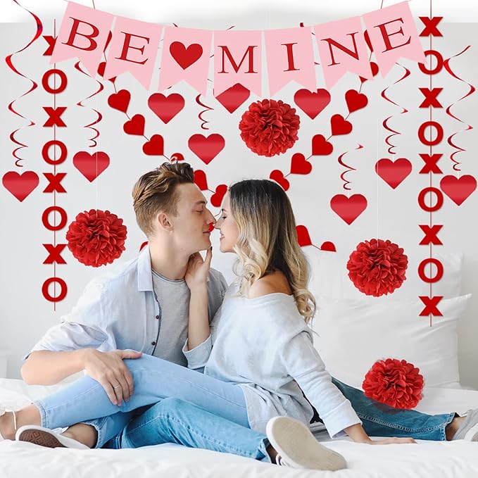 21Pcs Valentines Day Decorations Valentines Day Decor Pre-Assembled Hanging Heart Swirls BE Mine Love Heart XO Garlands Banner for Home Classroom Office Wedding Party