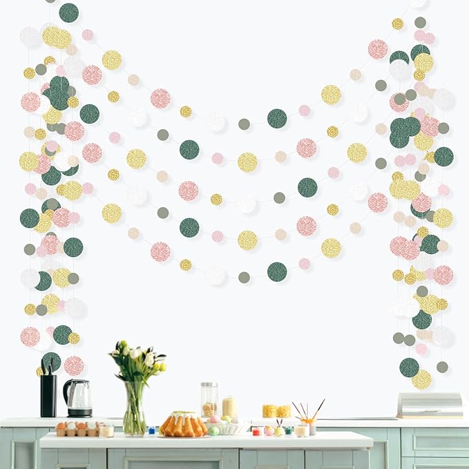 Outus 5 Pieces Colorful Dots Paper Garland Easter Decor Round Glitter Hanging Confetti Streamers Backdrop for Spring Birthday Classroom Halloween Trunk or Treat Car Decoration (Sage Green,Pink,Gold)
