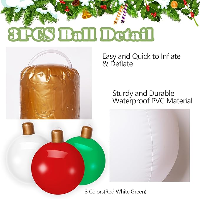 3PCS Christmas Inflatable Decorated Ball 18in Yard Inflatable Christmas Balls Giant Xmas Tree Ornaments PVC Blow up Yard Decorations for Outside Holiday Yard Lawn Porch Decor (Red White Green)