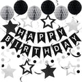 meowtastic Birthday Decorations, Happy Birthday Banner with Honeycomb Balls, Star Hanging Swirl Streamer, Circle Dot Garland, Happy Birthday Party Decoration for Women Men Boys Girls (Black & Silver)