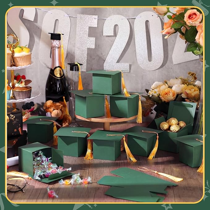 TaoBary 12 Pieces Graduation Candy Box Graduation Decorations Party Gift Boxes Graduate Cap Box Candy Chocolate Cookie Supplies for Ceremony Party(Green)