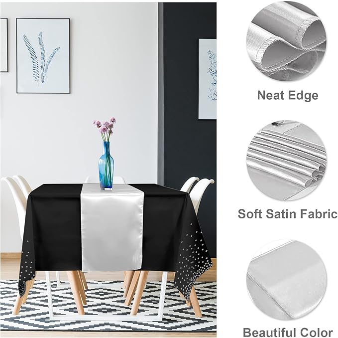 16Pack Disposable Plastic Tablecloths and Satin Table Runner Set Black and Silver Dot Tablecloth Silver Satin Table Runner for Wedding Birthday Baby Shower Anniversary Christmas New Year Party Supply