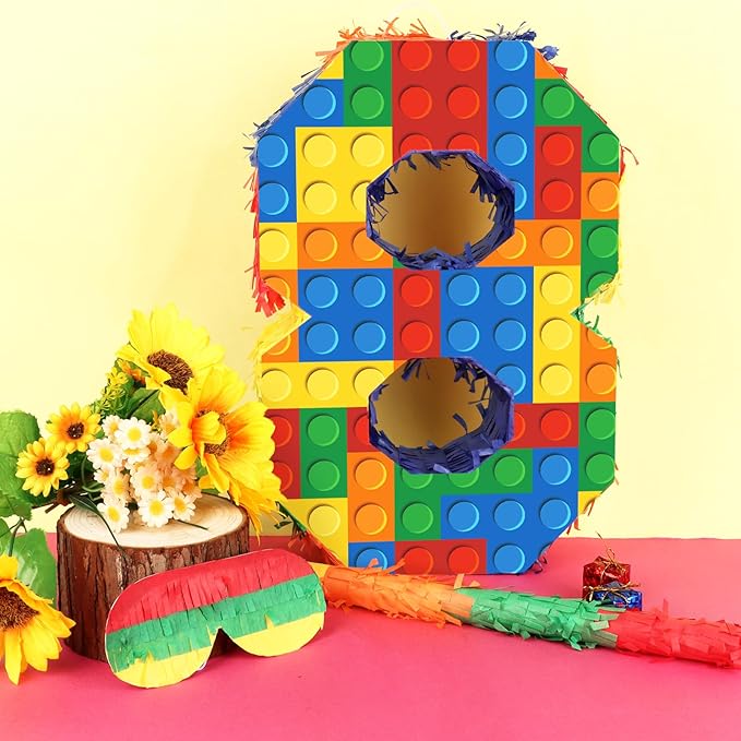 Number 8 Pinata Building Blocks 8th Birthday Party Decorations with Pinata Stick Blindfold for Kids Happy Birthday Building Block Theme Party Supplies (Small, 16 x 10.6 x 3 In)