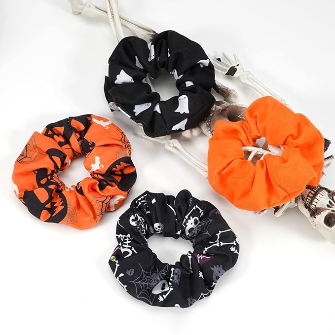 Halloween Hair Scrunchies Spooky Orange Pumpkin Scrunchies Skull Ghosts Bat Spider Web Skeleton Hair Ties for Women Girls Elastics Hair Tie Halloween Gifts Hair Accessories