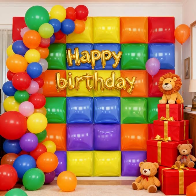 36 PCS Red Yellow Blue and Green Purple Orange Square Foil Balloon Wall, 19'' Double Sided Foil Balloons Backdrop Tunnel Arch Kit for Anniversary Bachelorette Bridal Baby Shower Party Decor